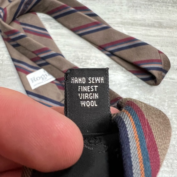 Robert Talbott Tan w/ Red, Navy & Gold Stripe Wool Tie - Picture 4 of 6